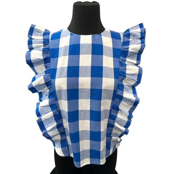 ANTHROPOLOGIE WHIT TWO | Blue Gingham Ruffle Sleeve Button Back Blouse Top | XS - Picture 2 of 8